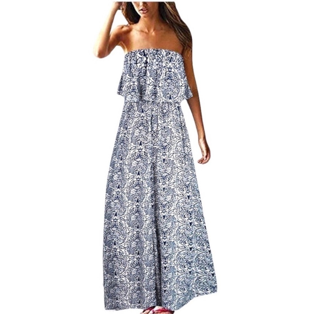 🆕 YIDARTON Strapless Maxi Dress Blue White Floral Ruffle Top Floral Size L